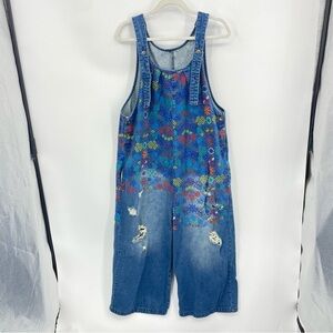 YESNO Blue Denim Jean Arty Boho Floral Cropped Distressed Overalls Jumpsuit L